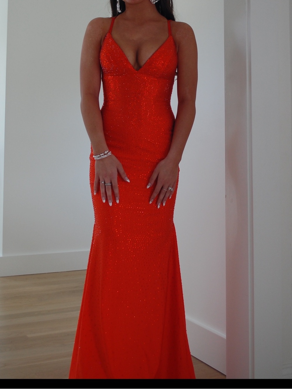Sherri Hill Red Sparkle V-Neck Prom Gown
